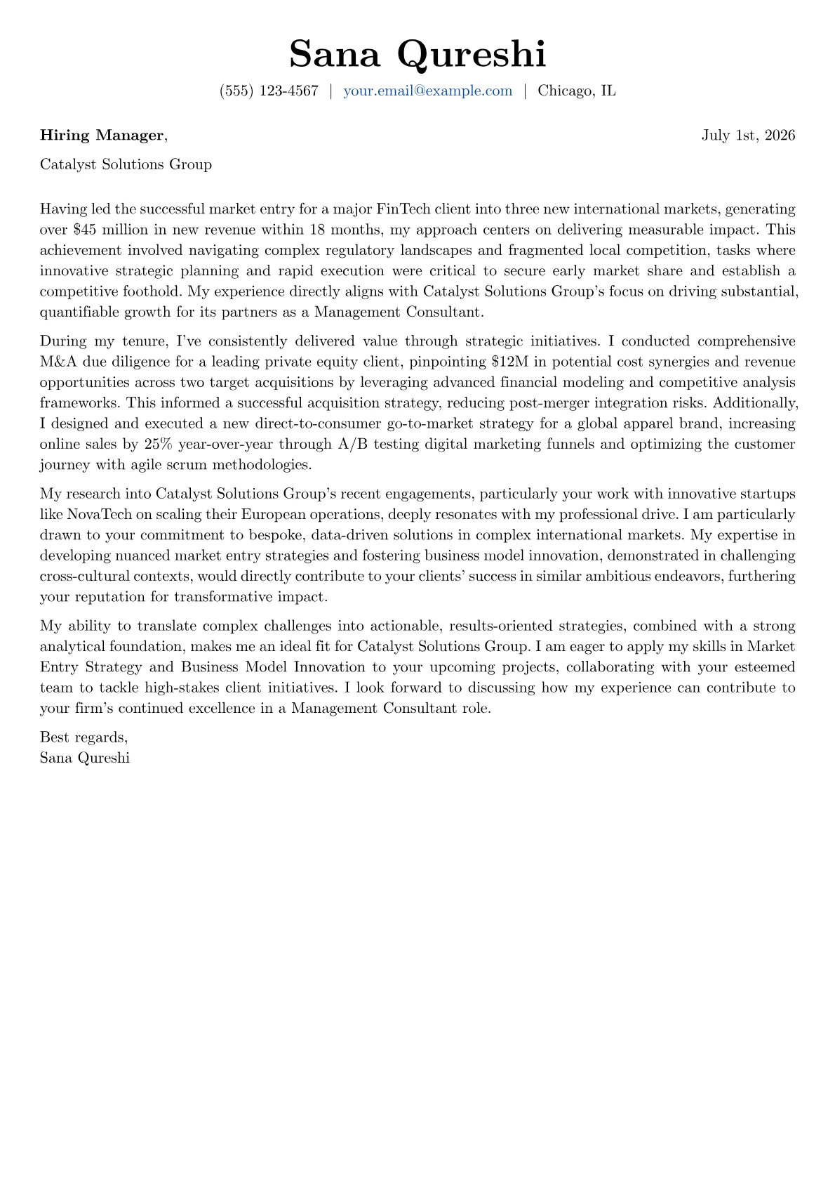 Management Consultant cover letter formatted with a JobSprout template