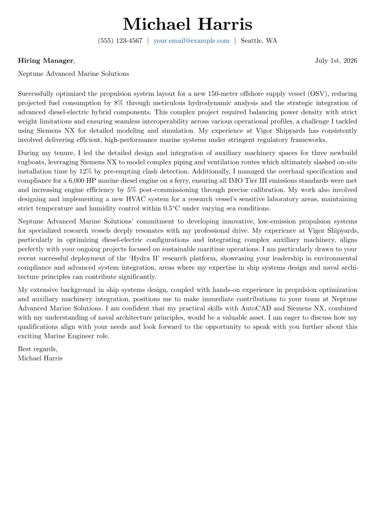 Marine Engineer Cover Letter Example