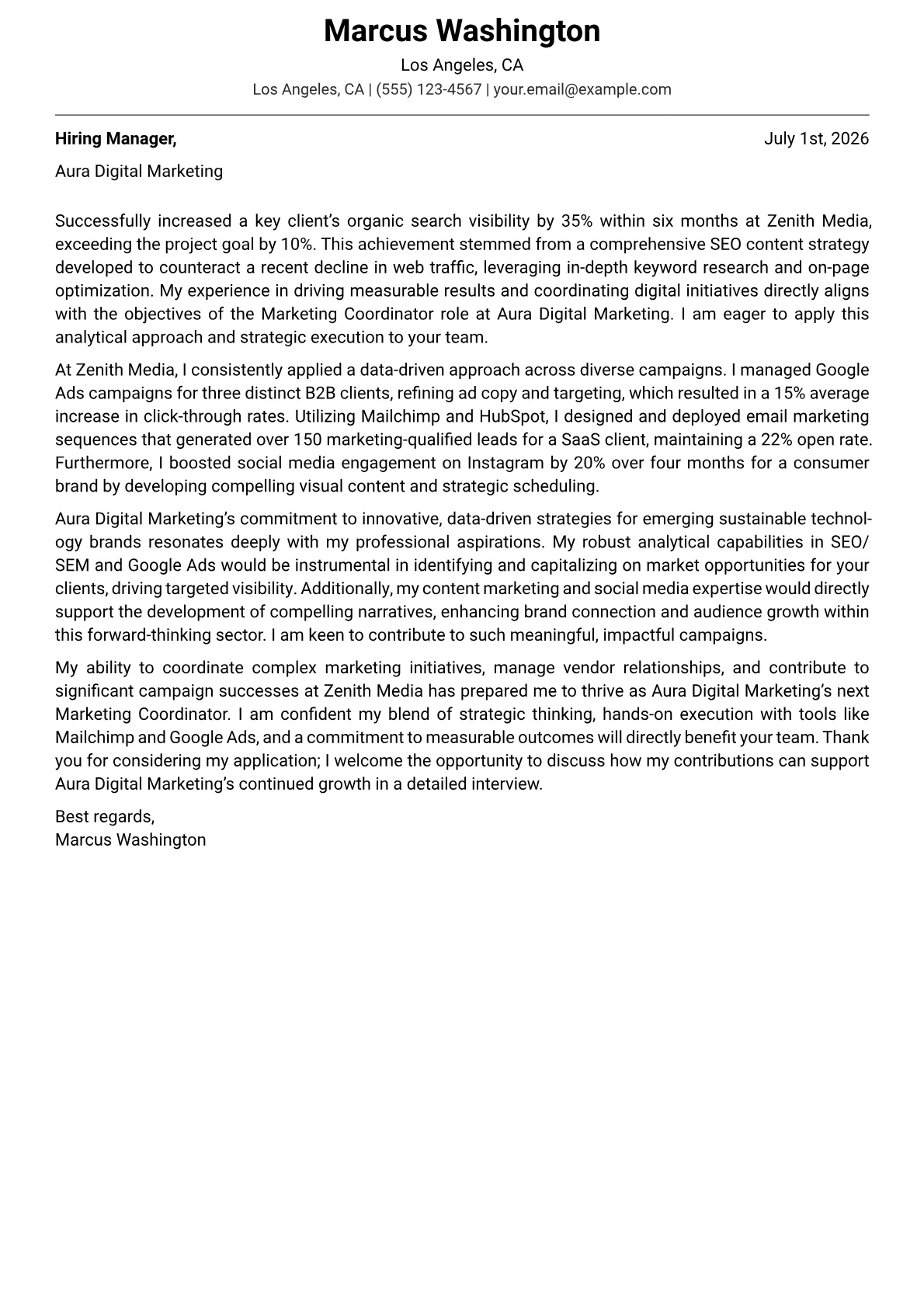 Marketing Coordinator cover letter formatted with a JobSprout template