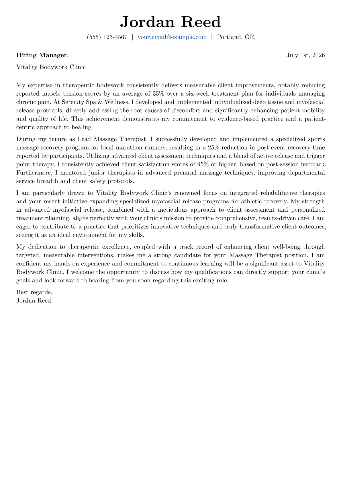 Massage Therapist cover letter formatted with a JobSprout template