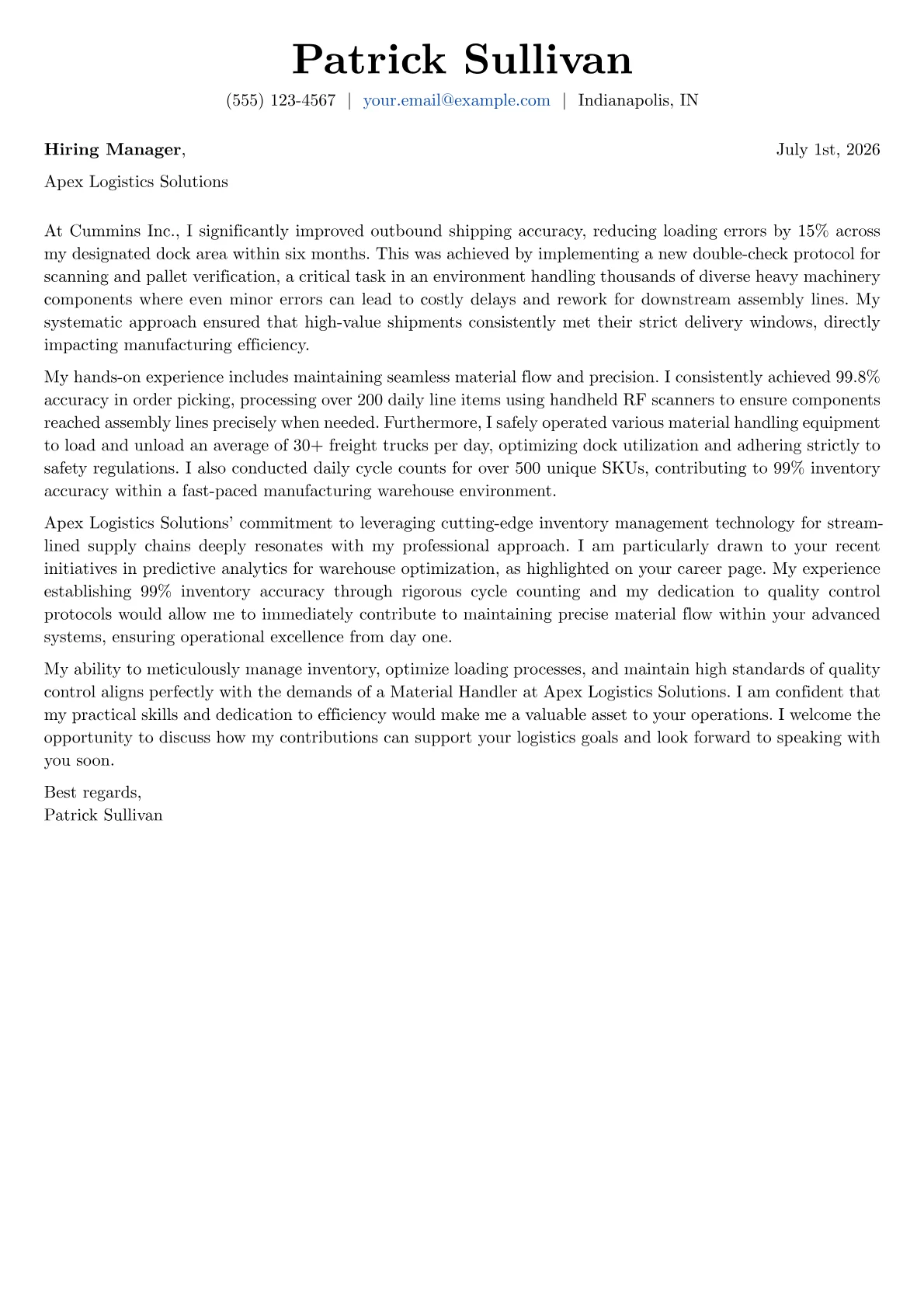 Material Handler cover letter formatted with a JobSprout template
