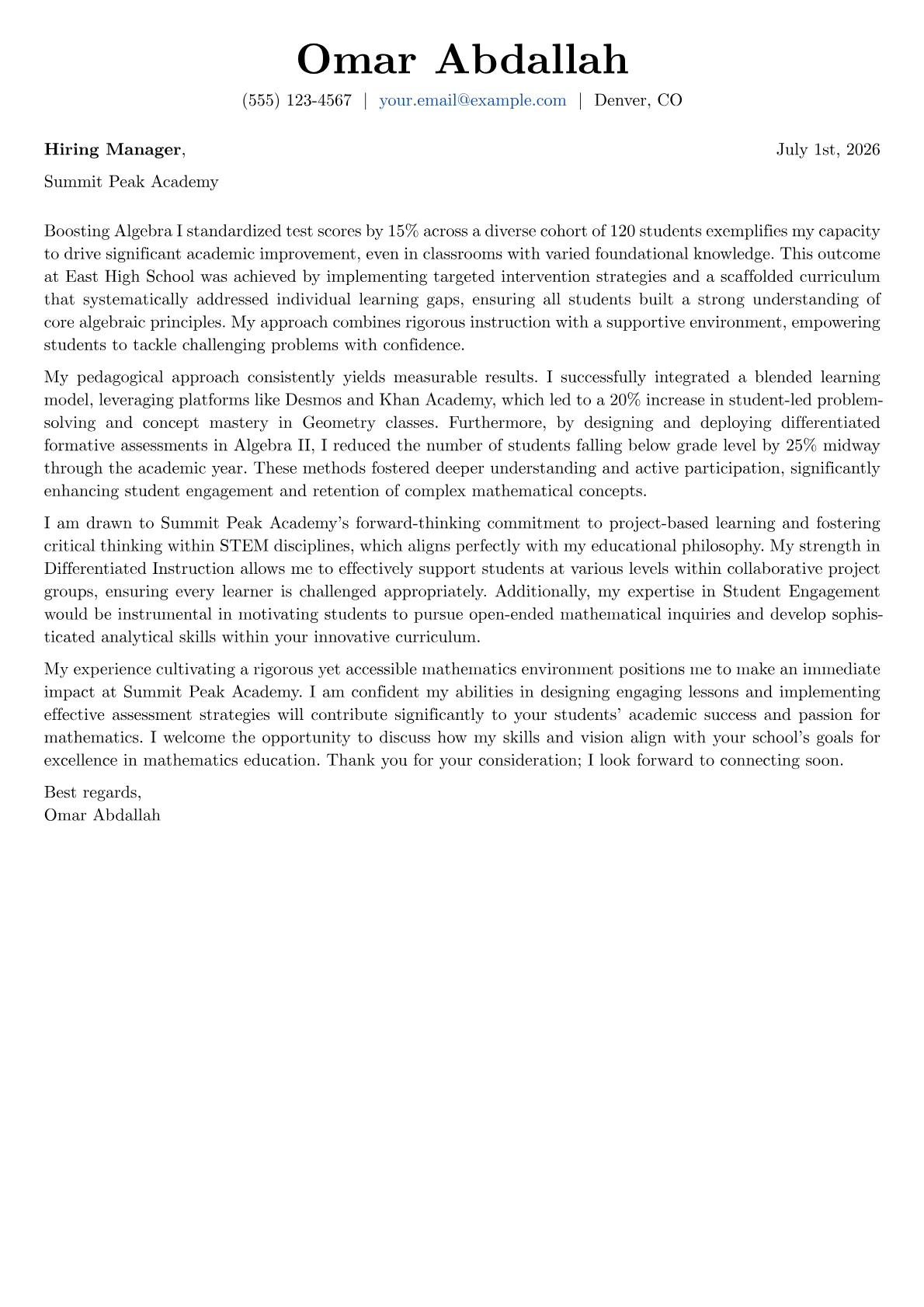 Mathematics Teacher cover letter formatted with a JobSprout template