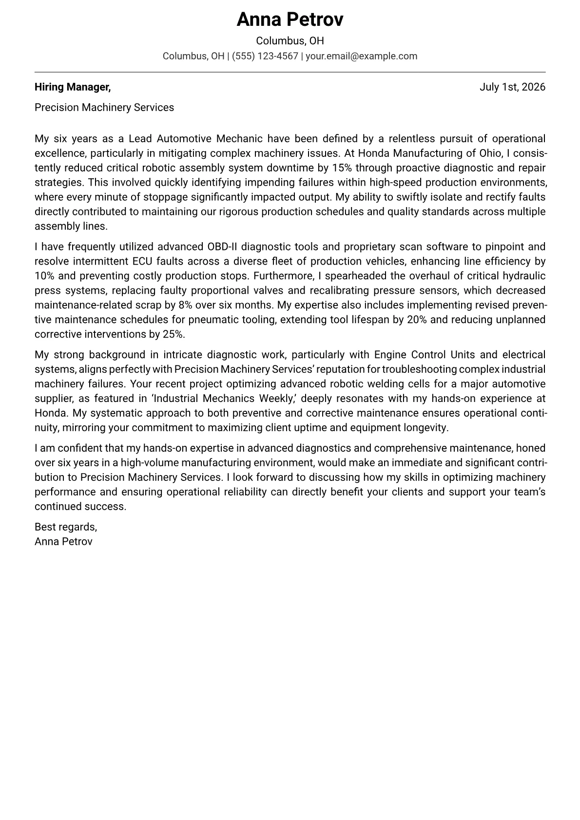 Mechanic cover letter formatted with a JobSprout template