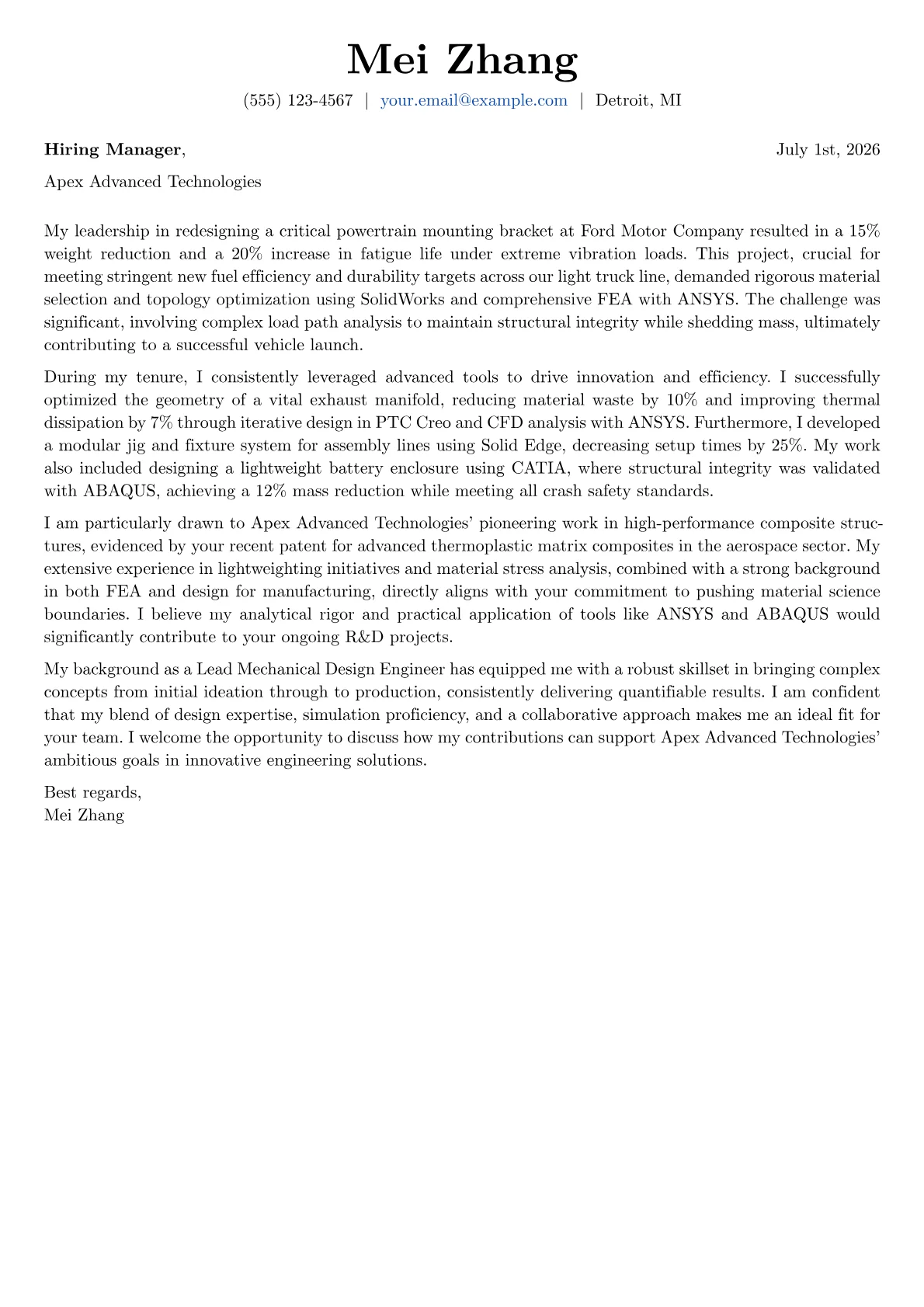 Mechanical Engineer cover letter formatted with a JobSprout template