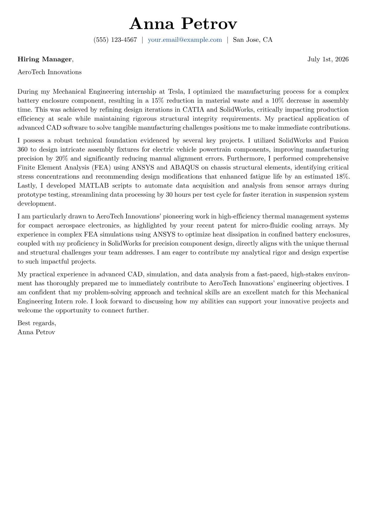 Mechanical Engineering Intern cover letter formatted with a JobSprout template