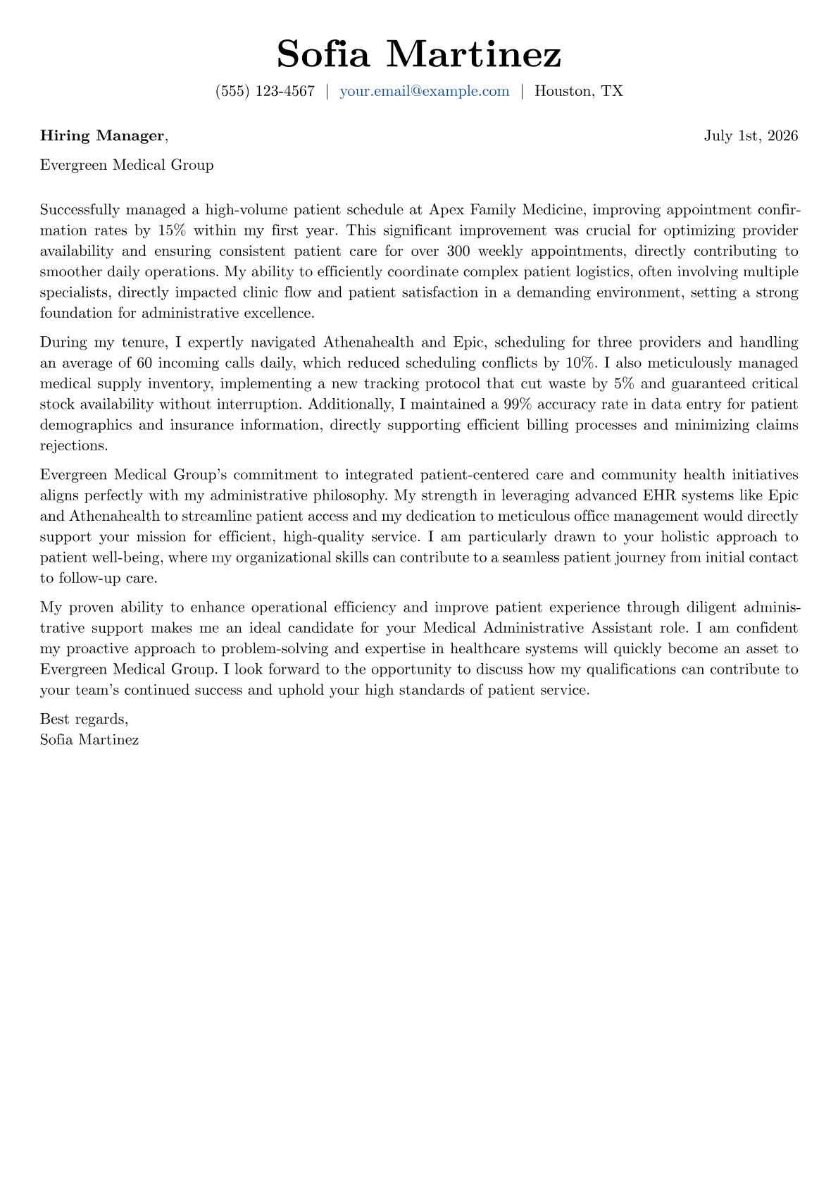Medical Administrative Assistant cover letter formatted with a JobSprout template