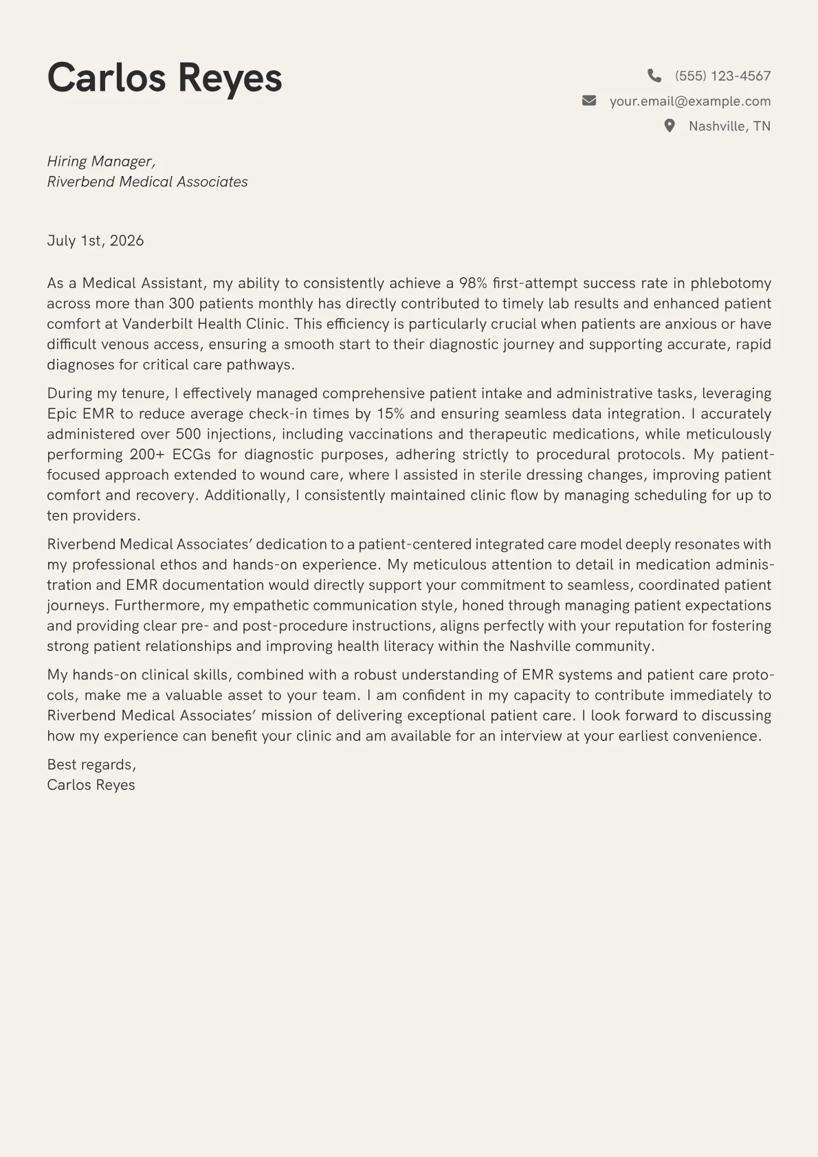 Medical Assistant cover letter formatted with a JobSprout template