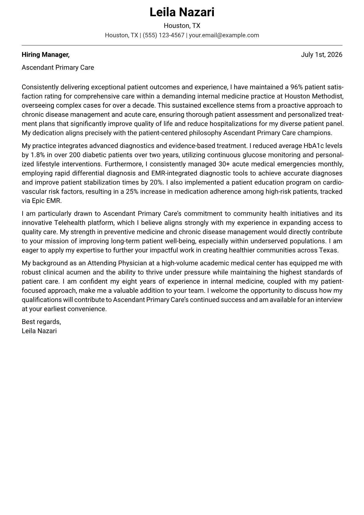 Medical Doctor cover letter formatted with a JobSprout template