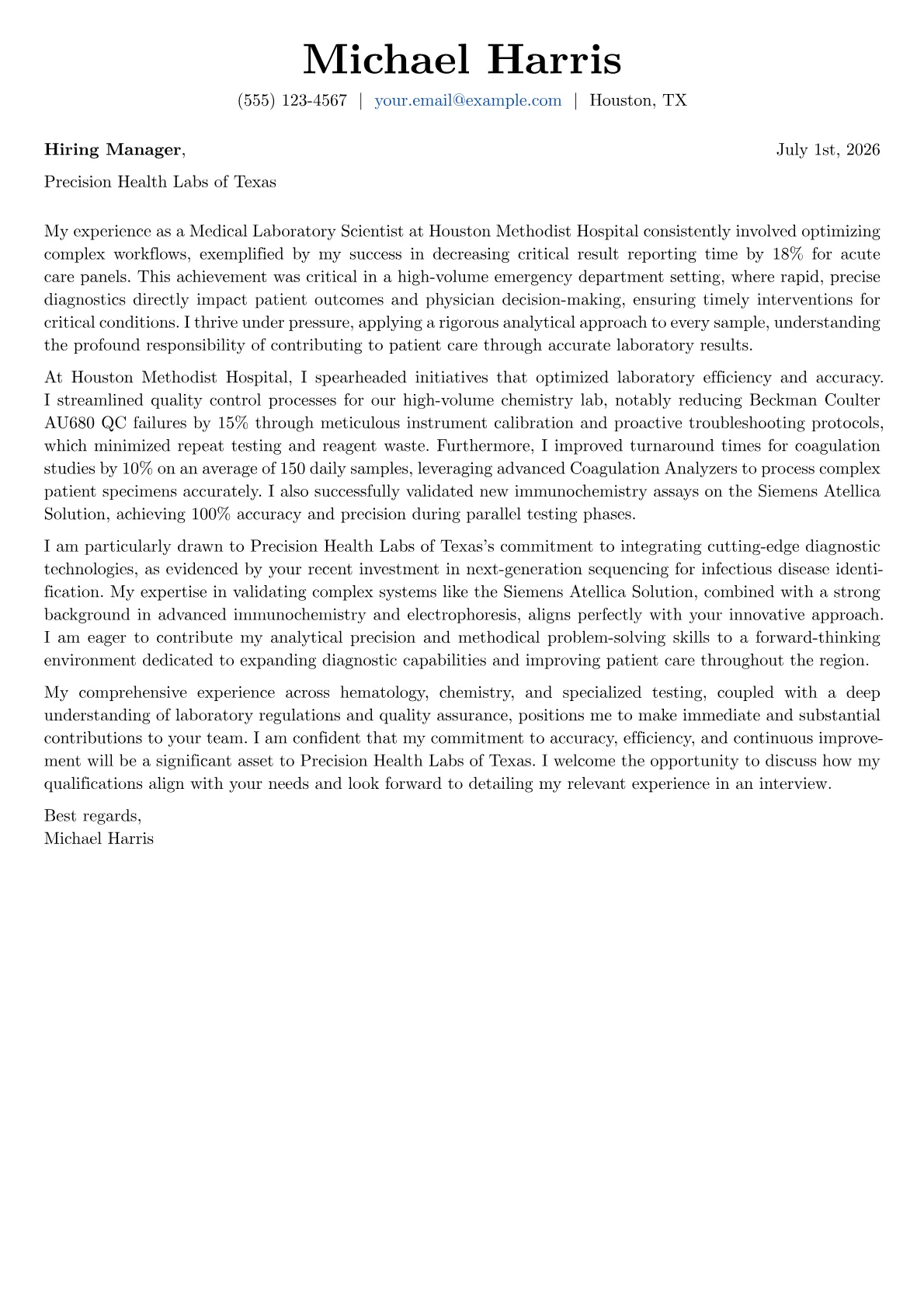 Medical Laboratory Scientist cover letter formatted with a JobSprout template