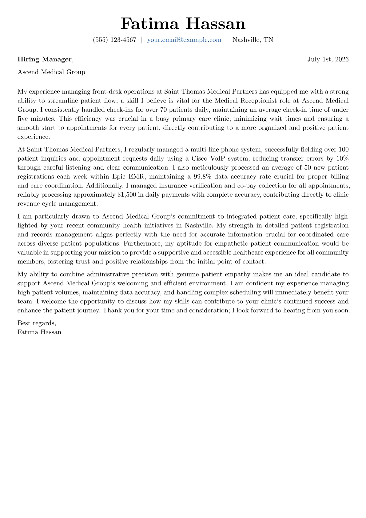 Medical Receptionist cover letter formatted with a JobSprout template