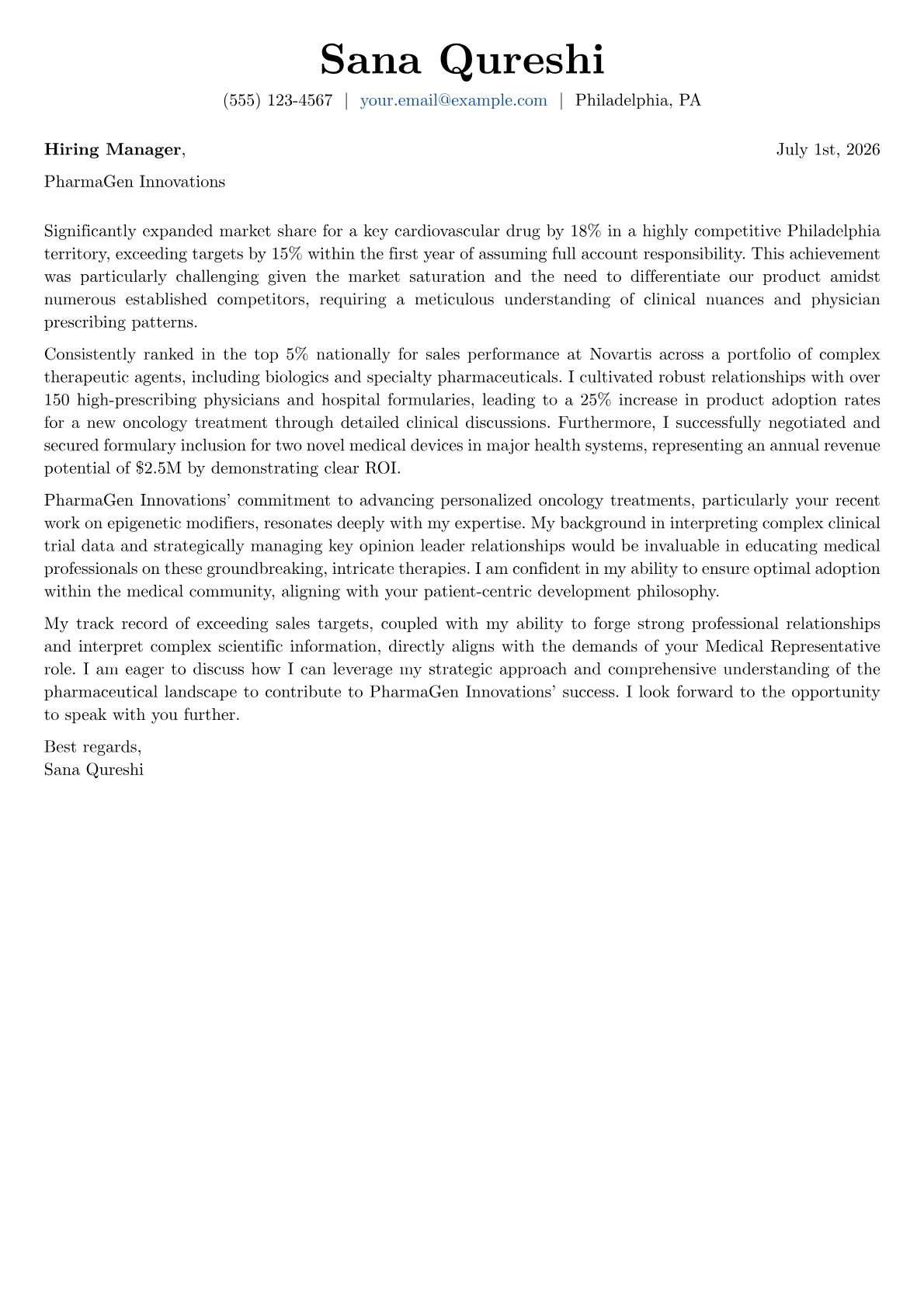 Medical Representative cover letter formatted with a JobSprout template