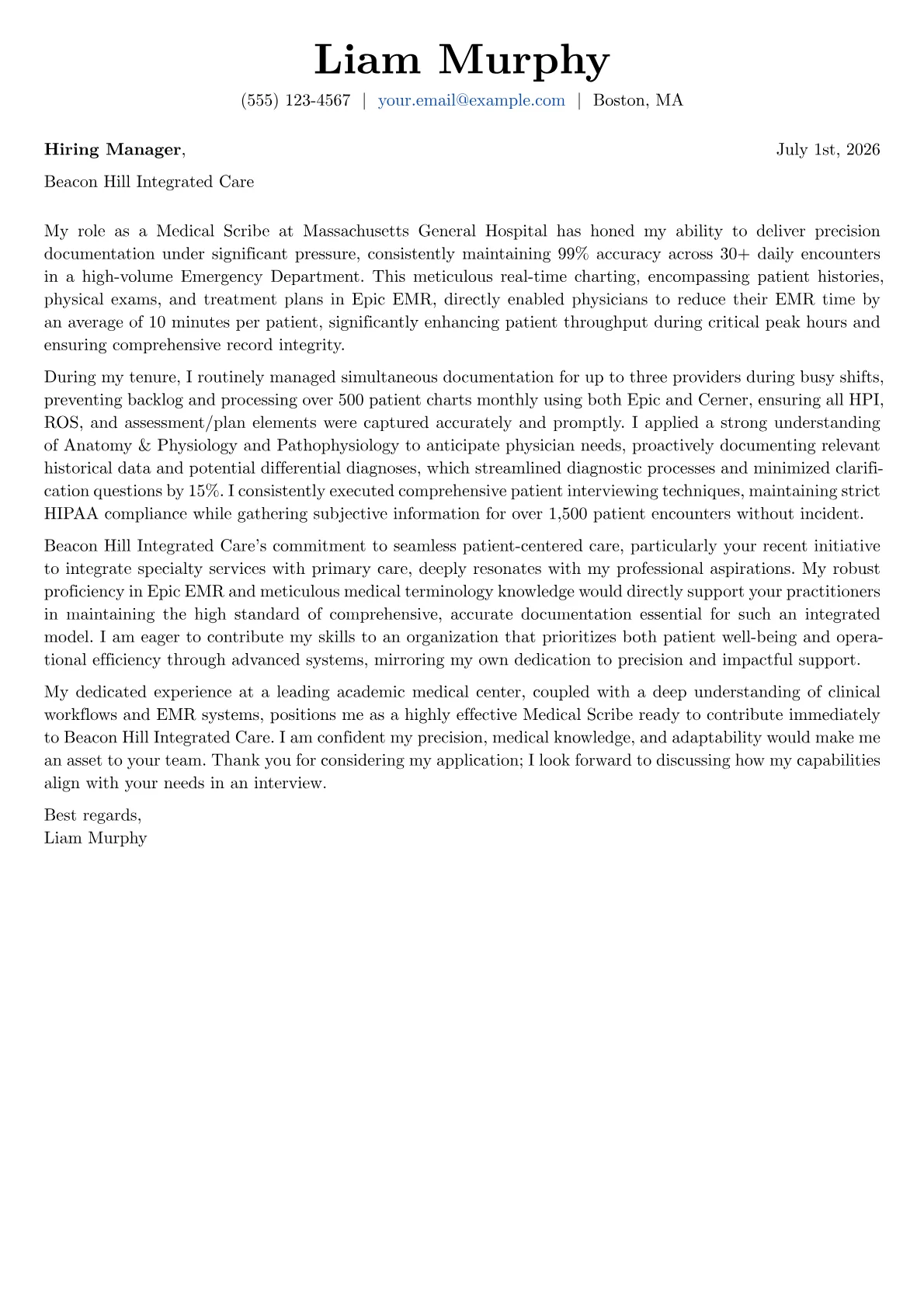 Medical Scribe cover letter formatted with a JobSprout template
