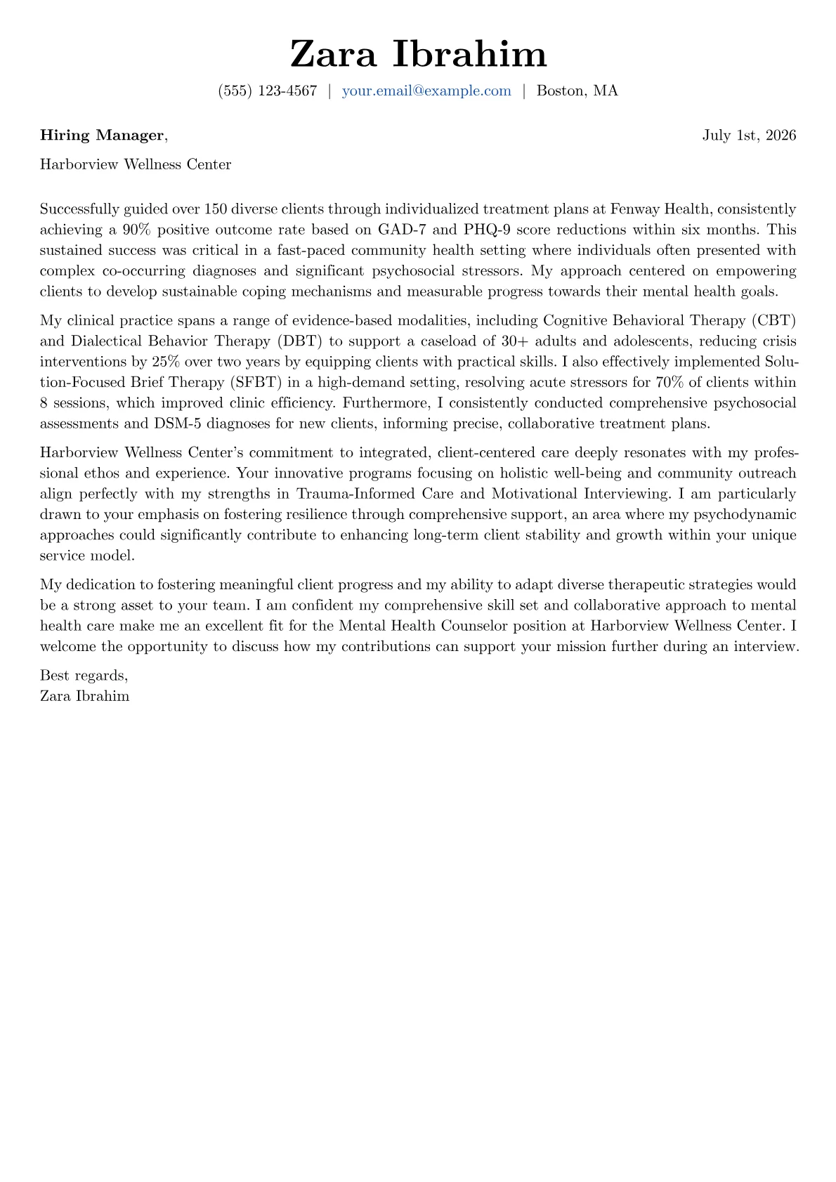 Mental Health Counselor cover letter formatted with a JobSprout template