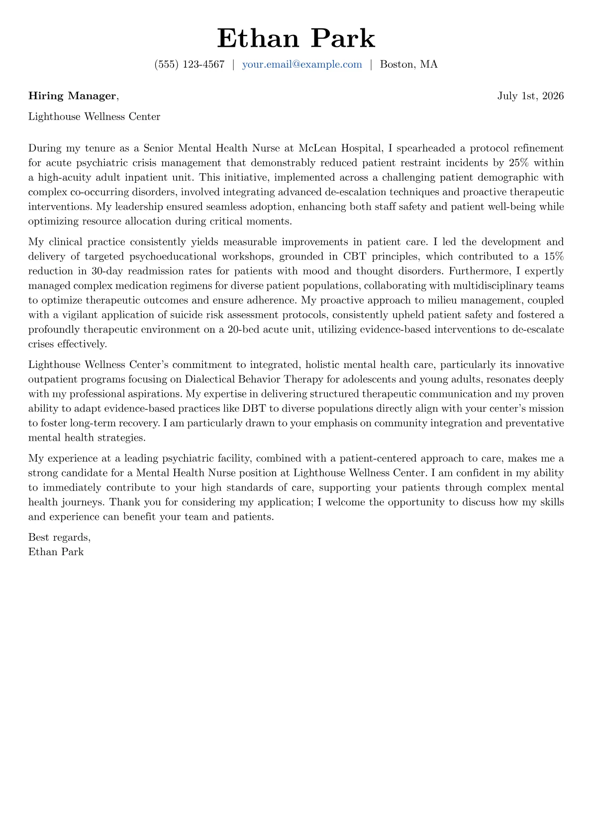 Mental Health Nurse cover letter formatted with a JobSprout template
