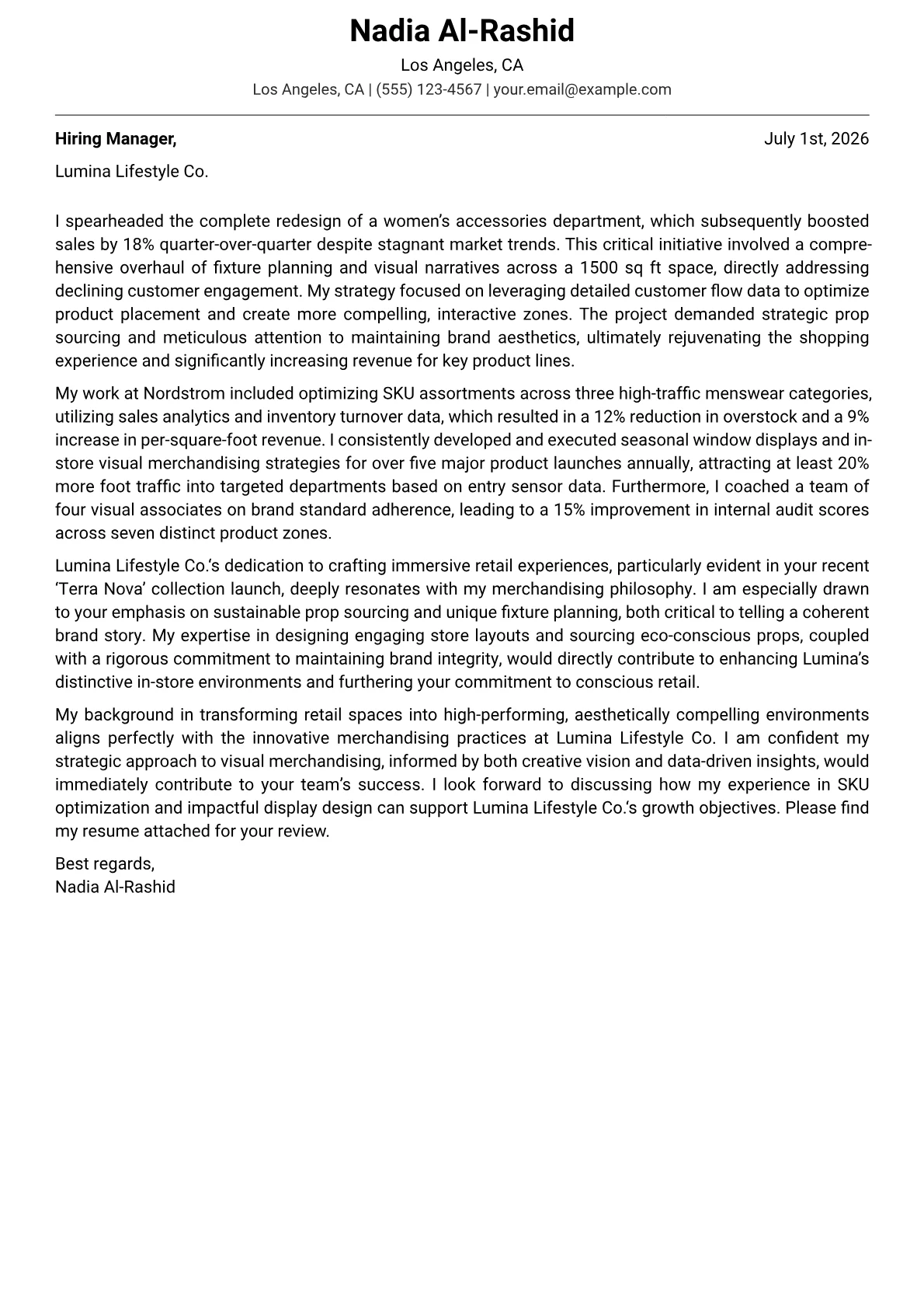 Merchandiser cover letter formatted with a JobSprout template