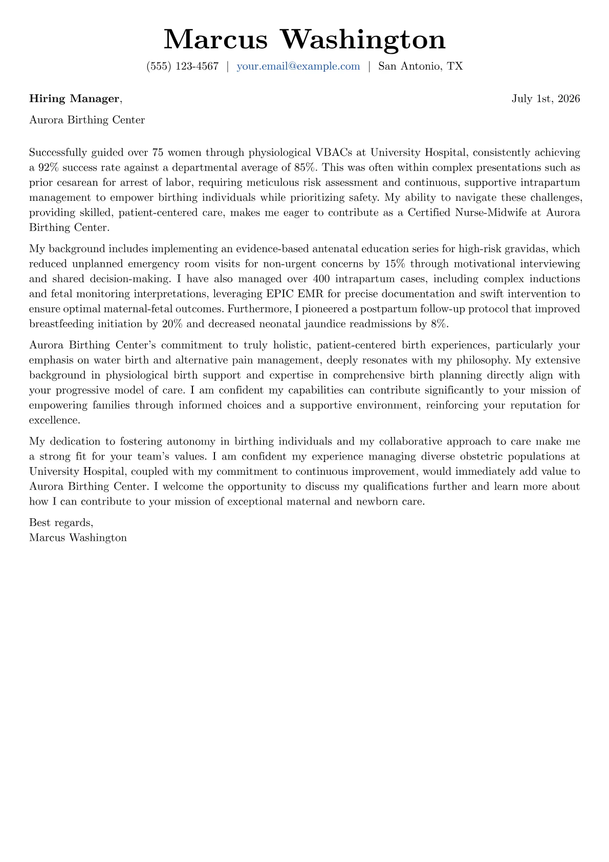 Midwife cover letter formatted with a JobSprout template
