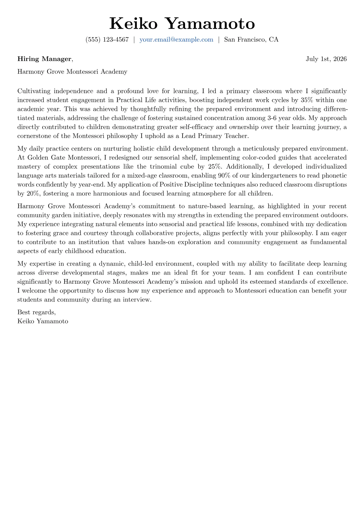 Montessori Teacher cover letter formatted with a JobSprout template