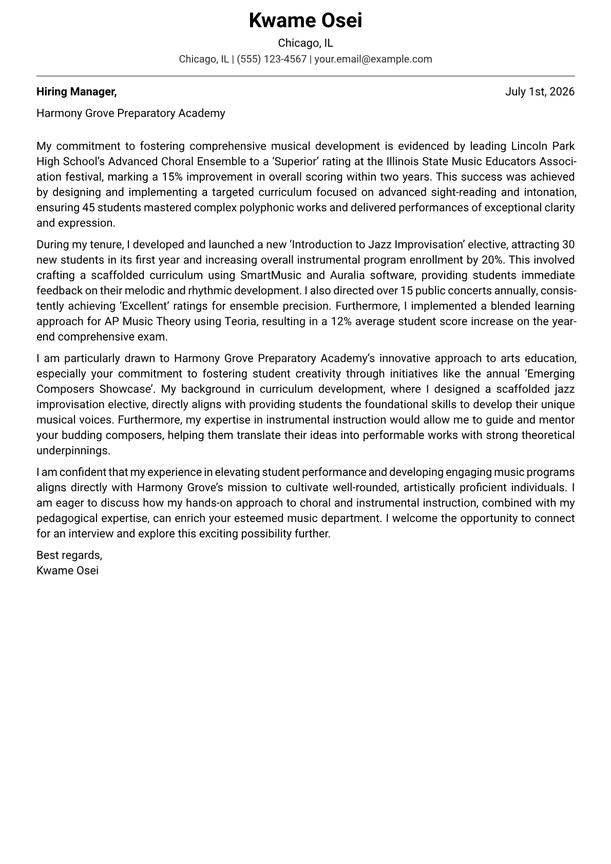 Music Teacher cover letter formatted with a JobSprout template