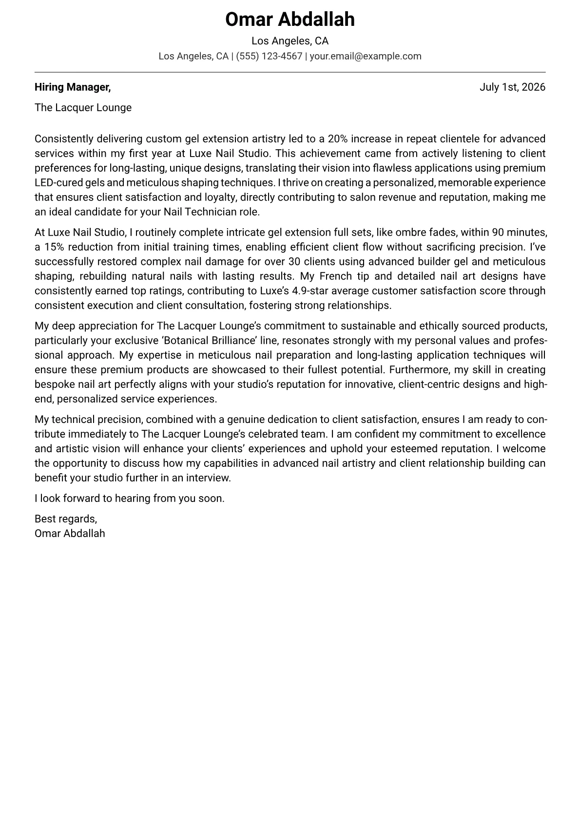 Nail Technician cover letter formatted with a JobSprout template