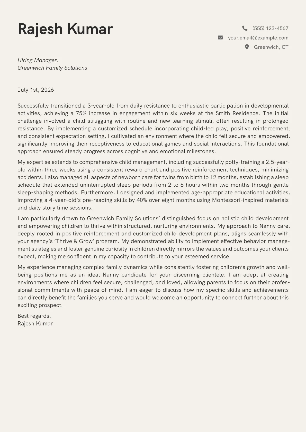 Nanny cover letter formatted with a JobSprout template