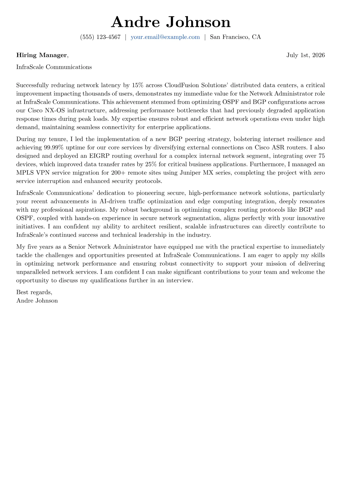Network Administrator cover letter formatted with a JobSprout template