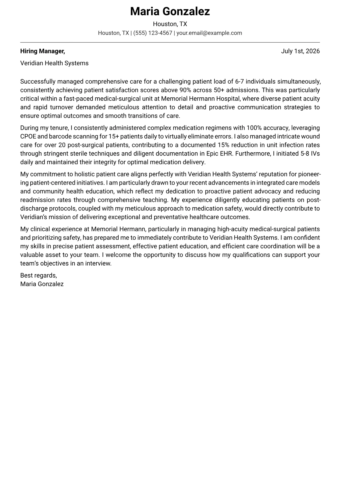 Nurse cover letter formatted with a JobSprout template