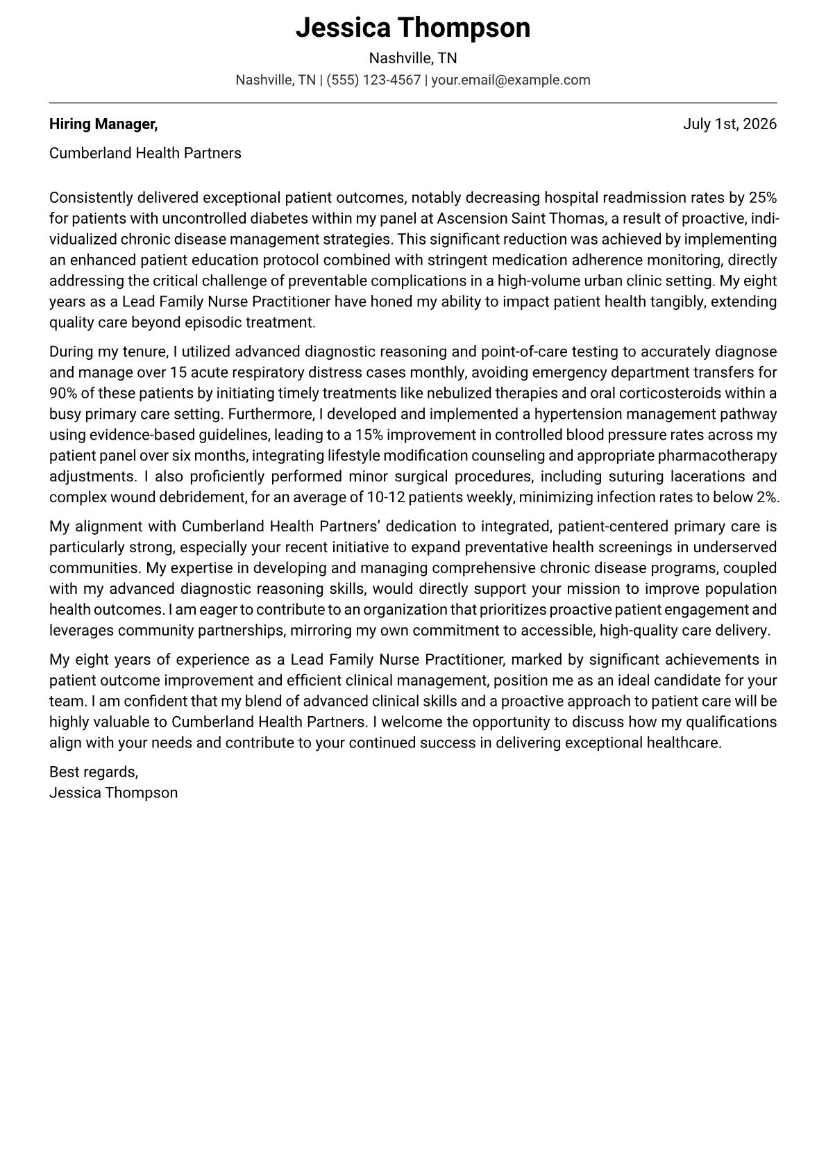 Nurse Practitioner cover letter formatted with a JobSprout template