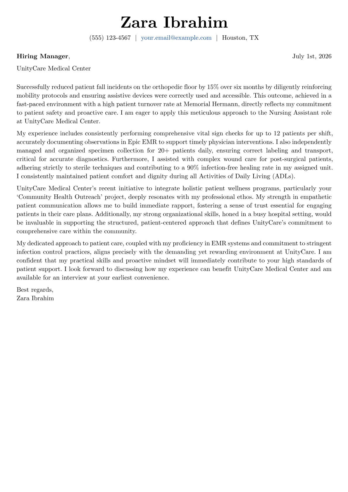 Nursing Assistant cover letter formatted with a JobSprout template
