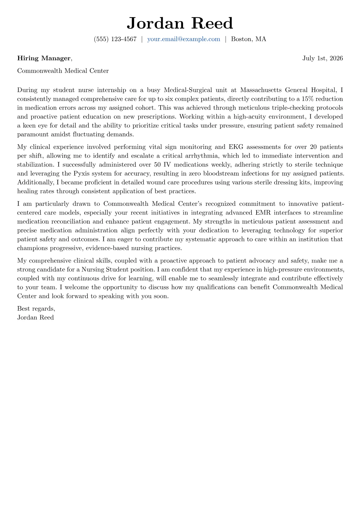 Nursing Student cover letter formatted with a JobSprout template