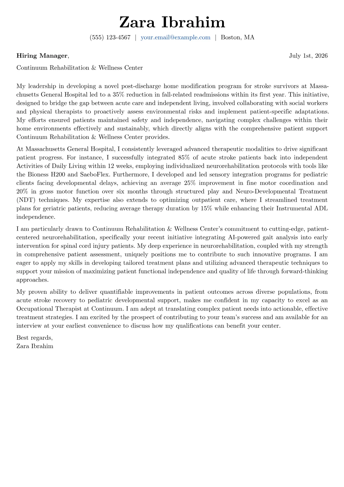 Occupational Therapist cover letter formatted with a JobSprout template