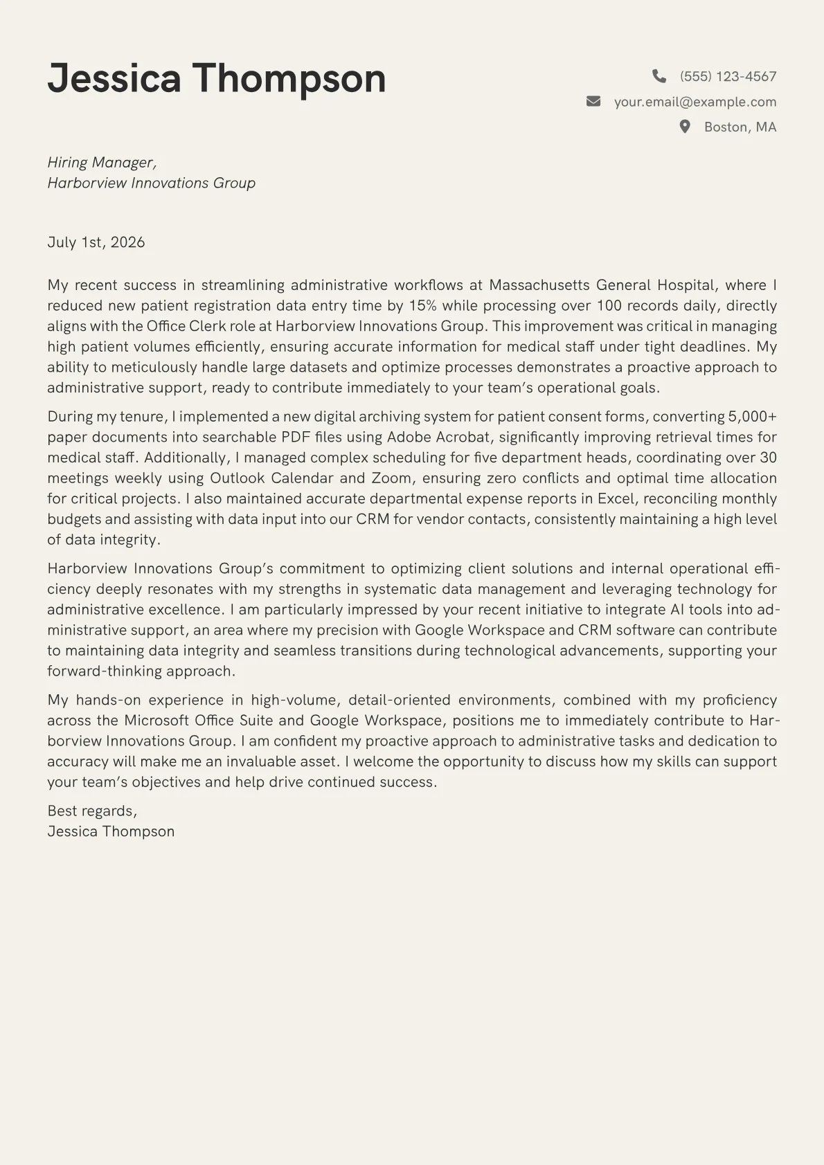 Office Clerk cover letter formatted with a JobSprout template