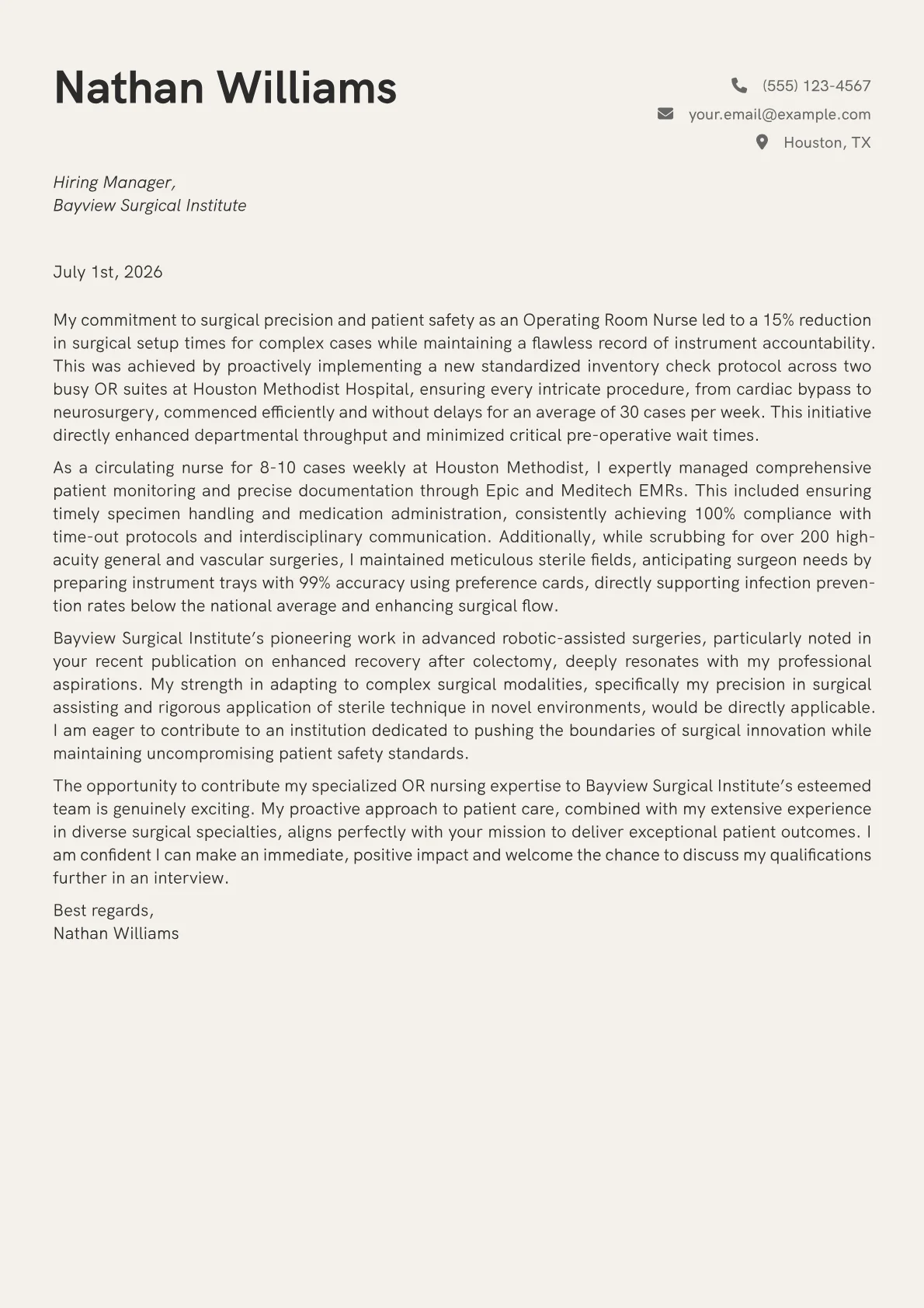 Operating Room Nurse cover letter formatted with a JobSprout template