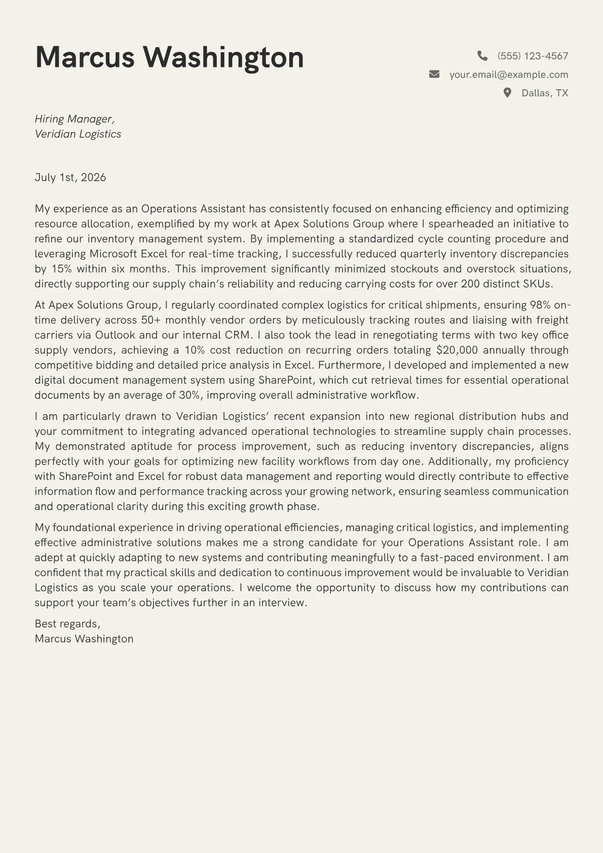 Operations Assistant cover letter formatted with a JobSprout template