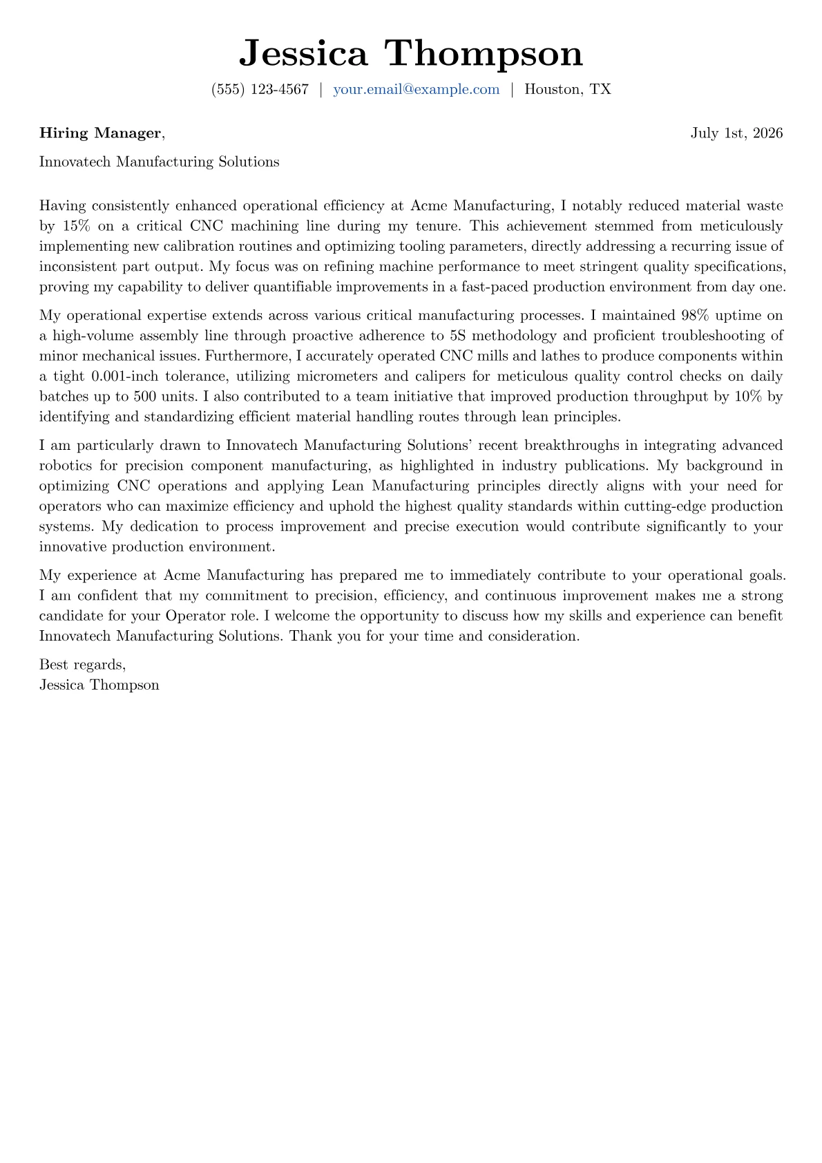 Operator cover letter formatted with a JobSprout template