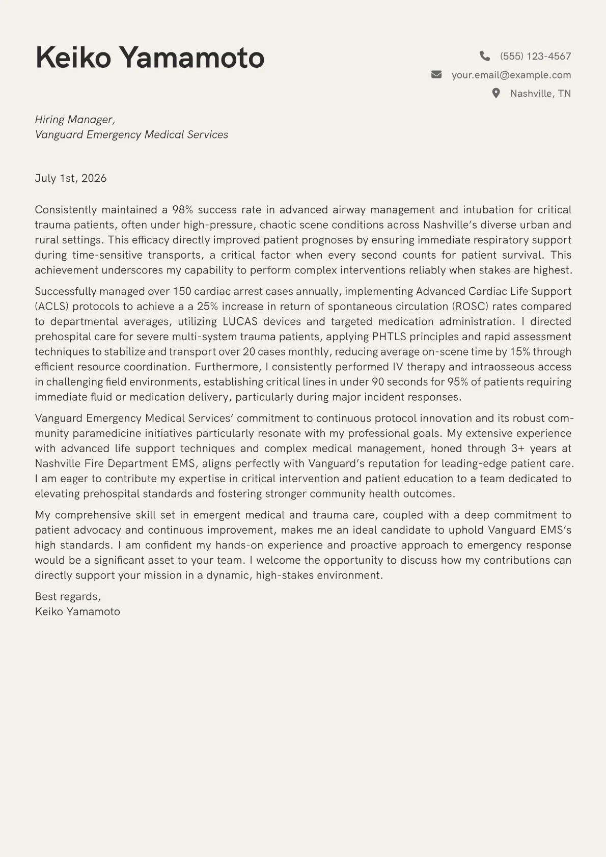 Paramedic cover letter formatted with a JobSprout template