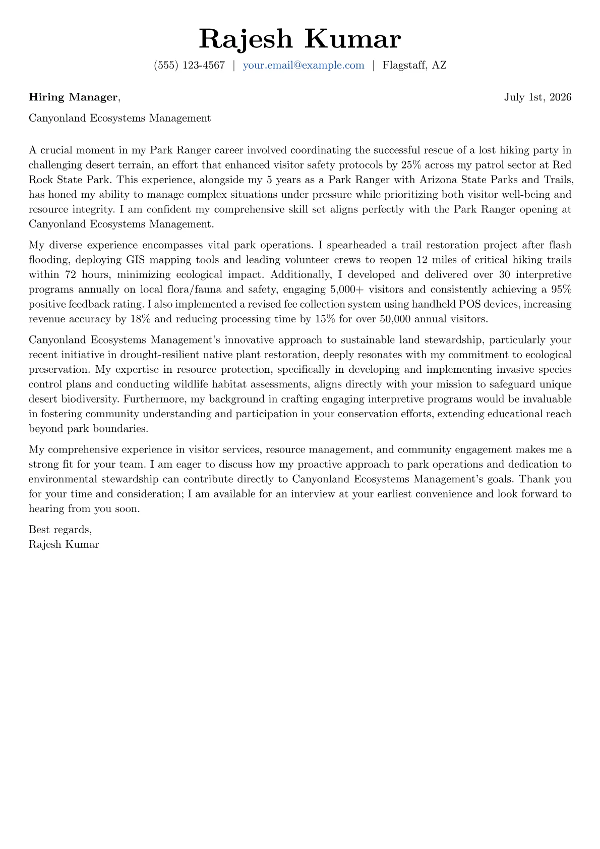 Park Ranger cover letter formatted with a JobSprout template