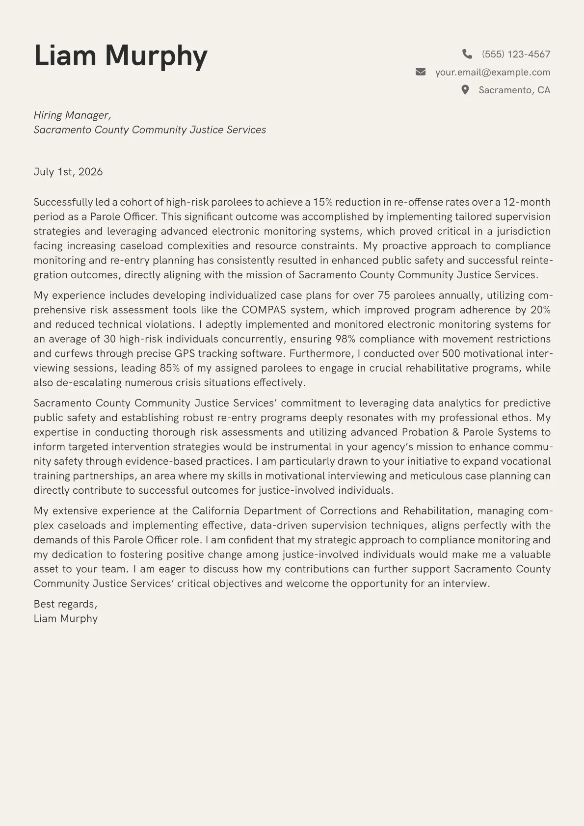 Parole Officer cover letter formatted with a JobSprout template