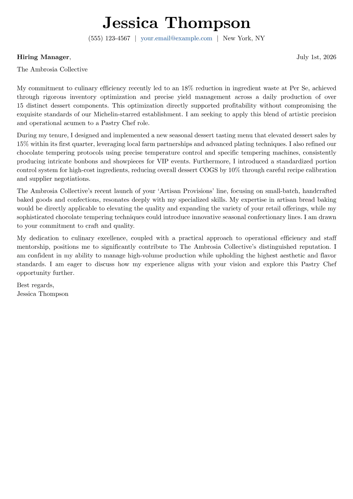 Pastry Chef cover letter formatted with a JobSprout template