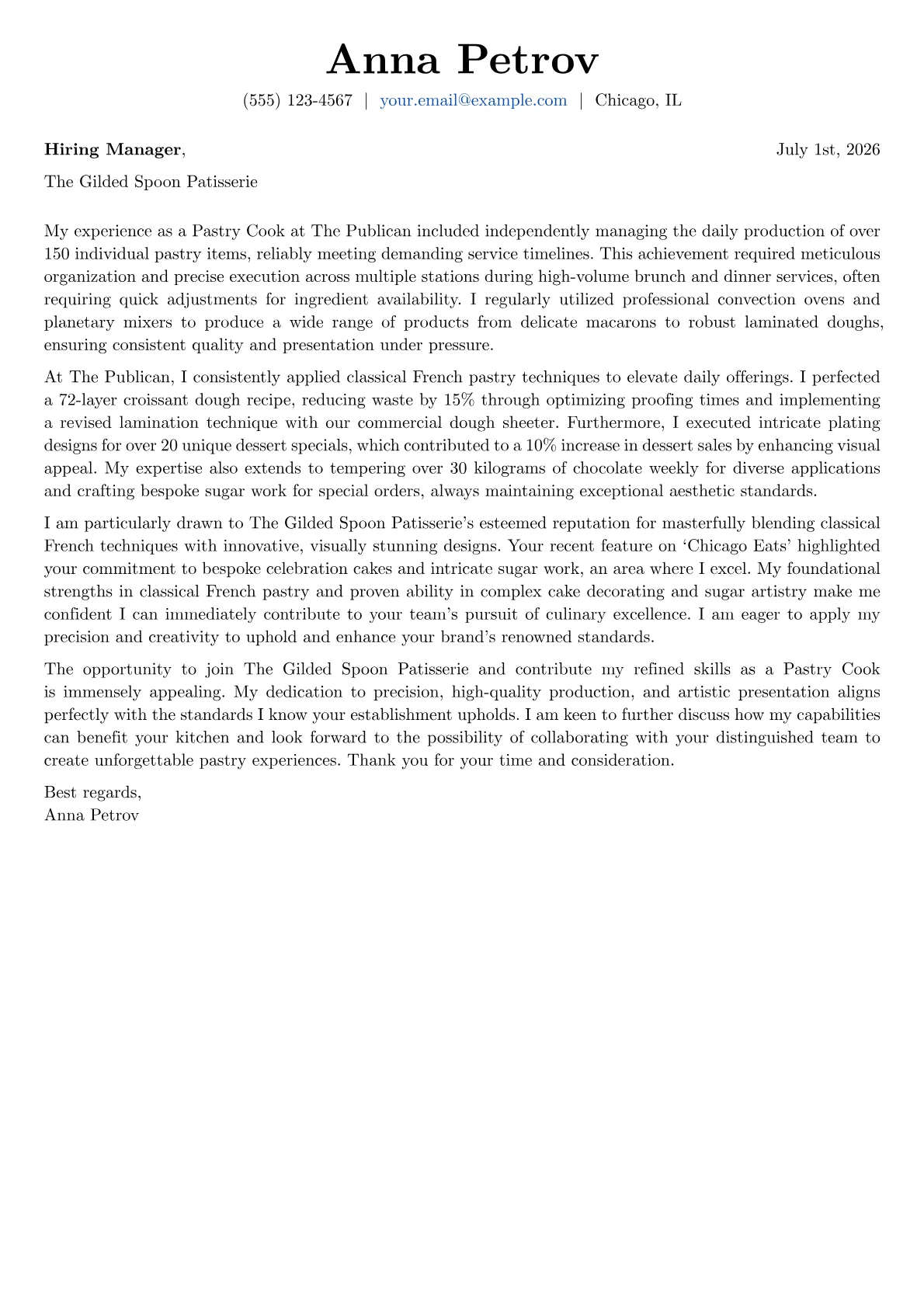 Pastry Cook cover letter formatted with a JobSprout template