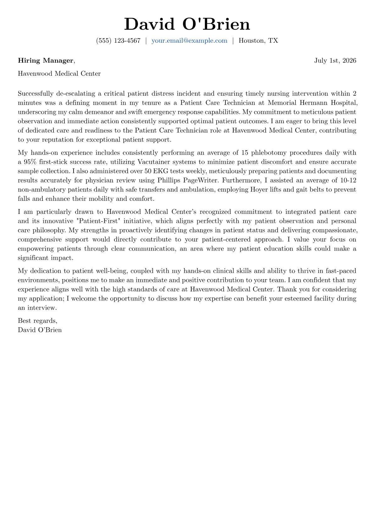 Patient Care Technician cover letter formatted with a JobSprout template