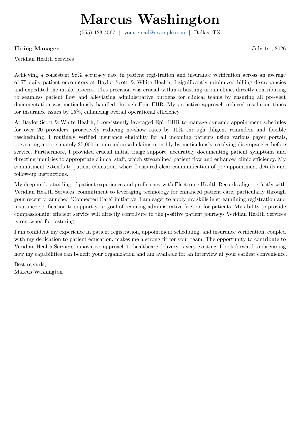Patient Service Representative cover letter formatted with a JobSprout template