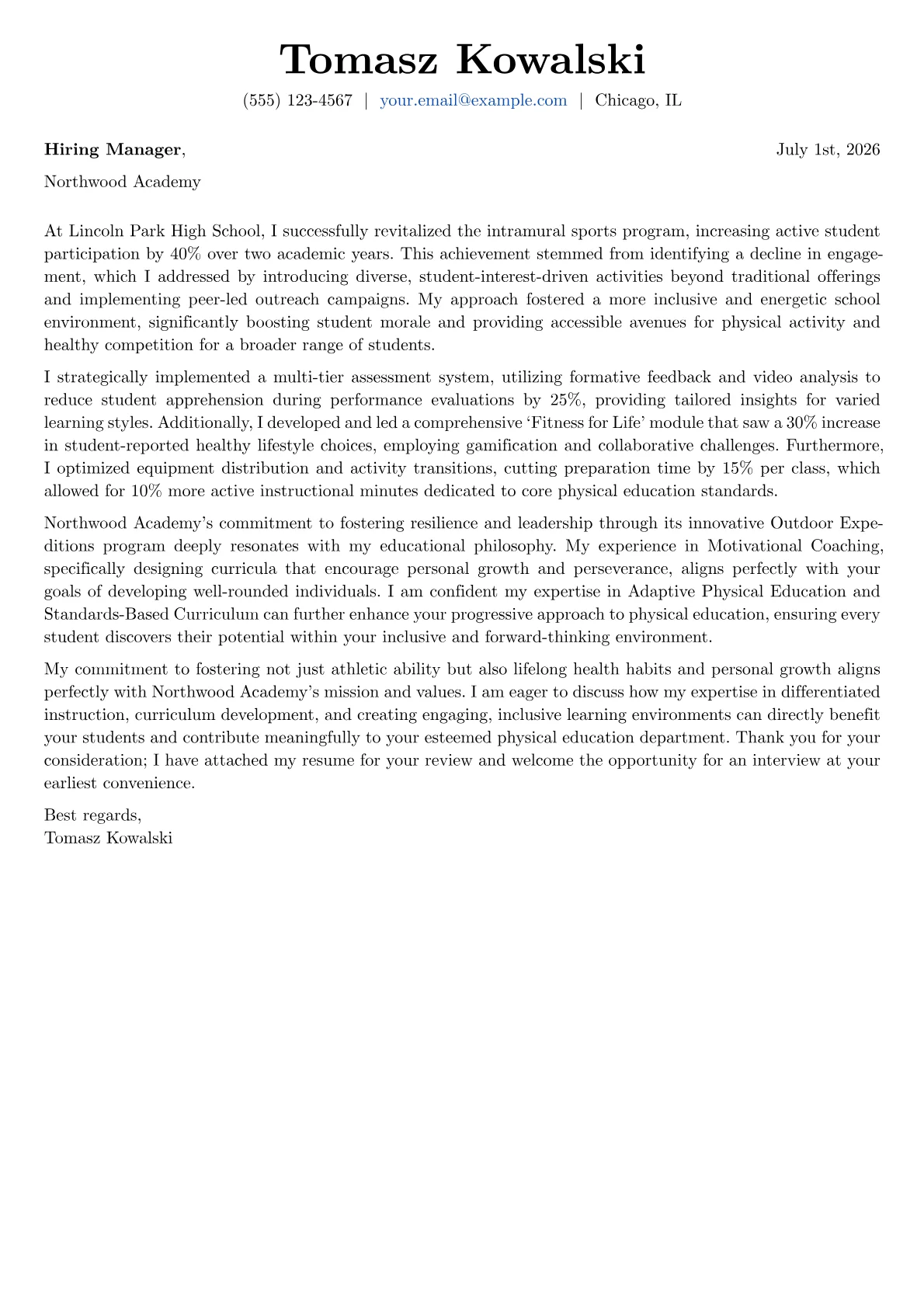 PE Teacher cover letter formatted with a JobSprout template