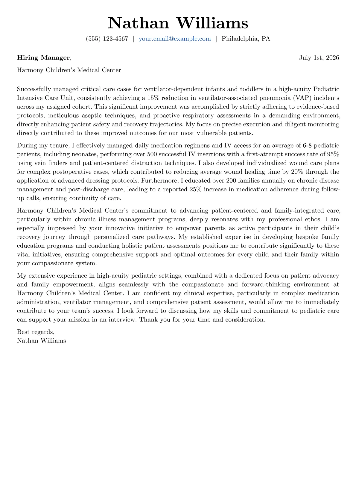 Pediatric Nurse cover letter formatted with a JobSprout template