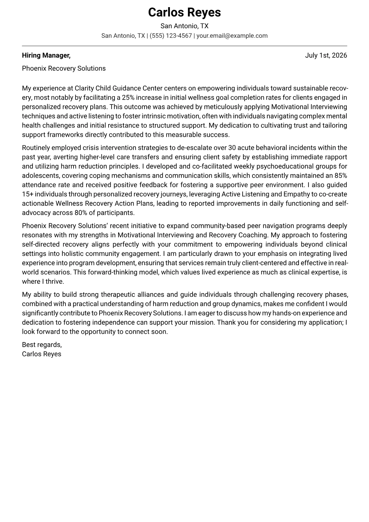 Peer Support Specialist cover letter formatted with a JobSprout template
