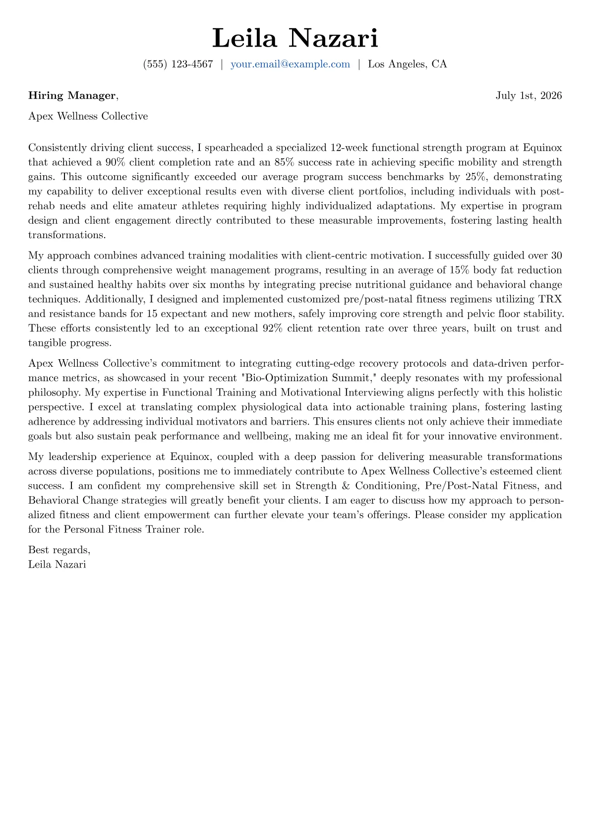 Personal Fitness Trainer cover letter formatted with a JobSprout template