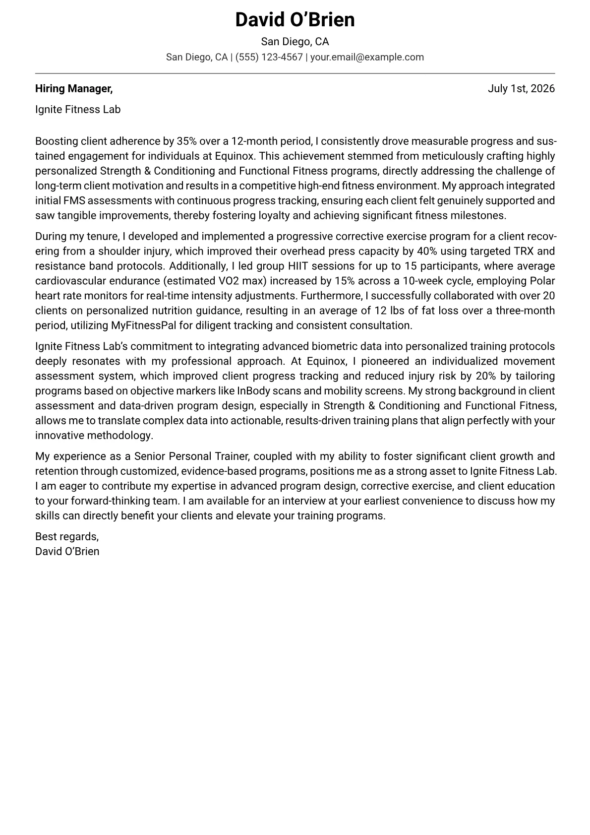 Personal Trainer cover letter formatted with a JobSprout template