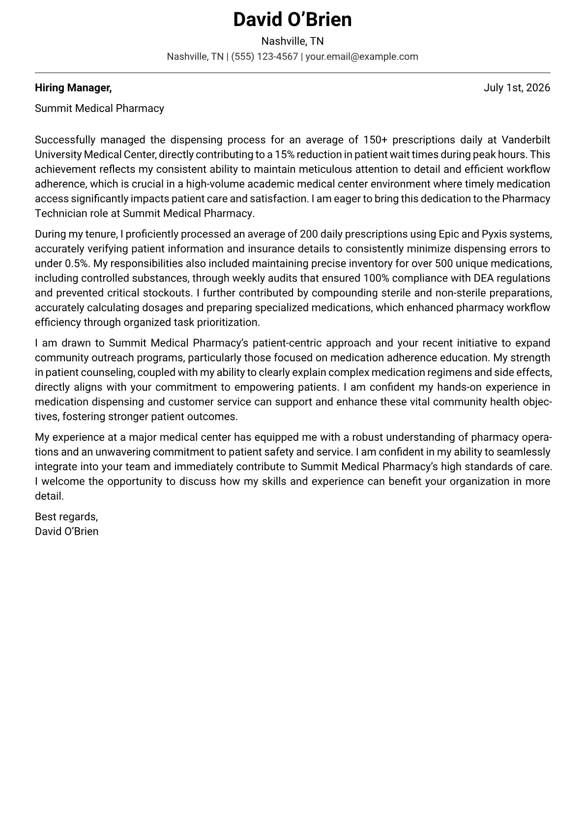 Pharmacy Technician cover letter formatted with a JobSprout template