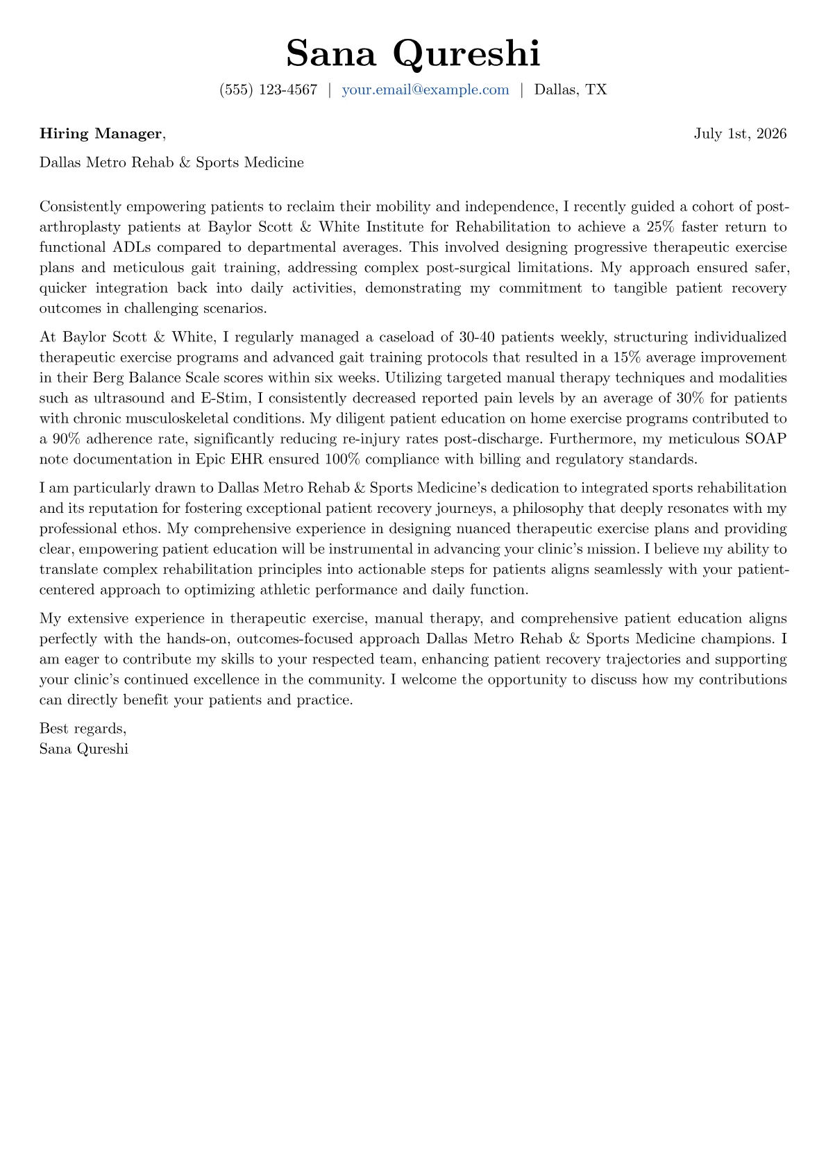Physical Therapist Assistant cover letter formatted with a JobSprout template