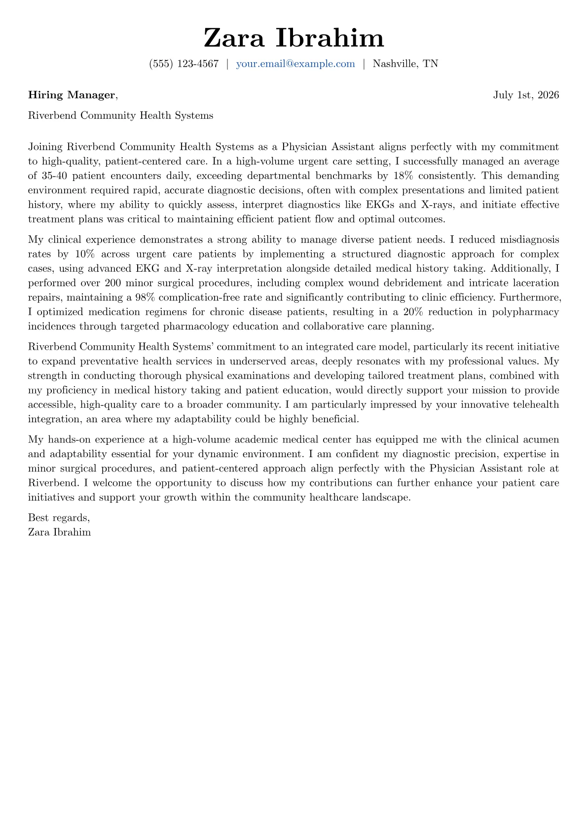 Physician Assistant cover letter formatted with a JobSprout template