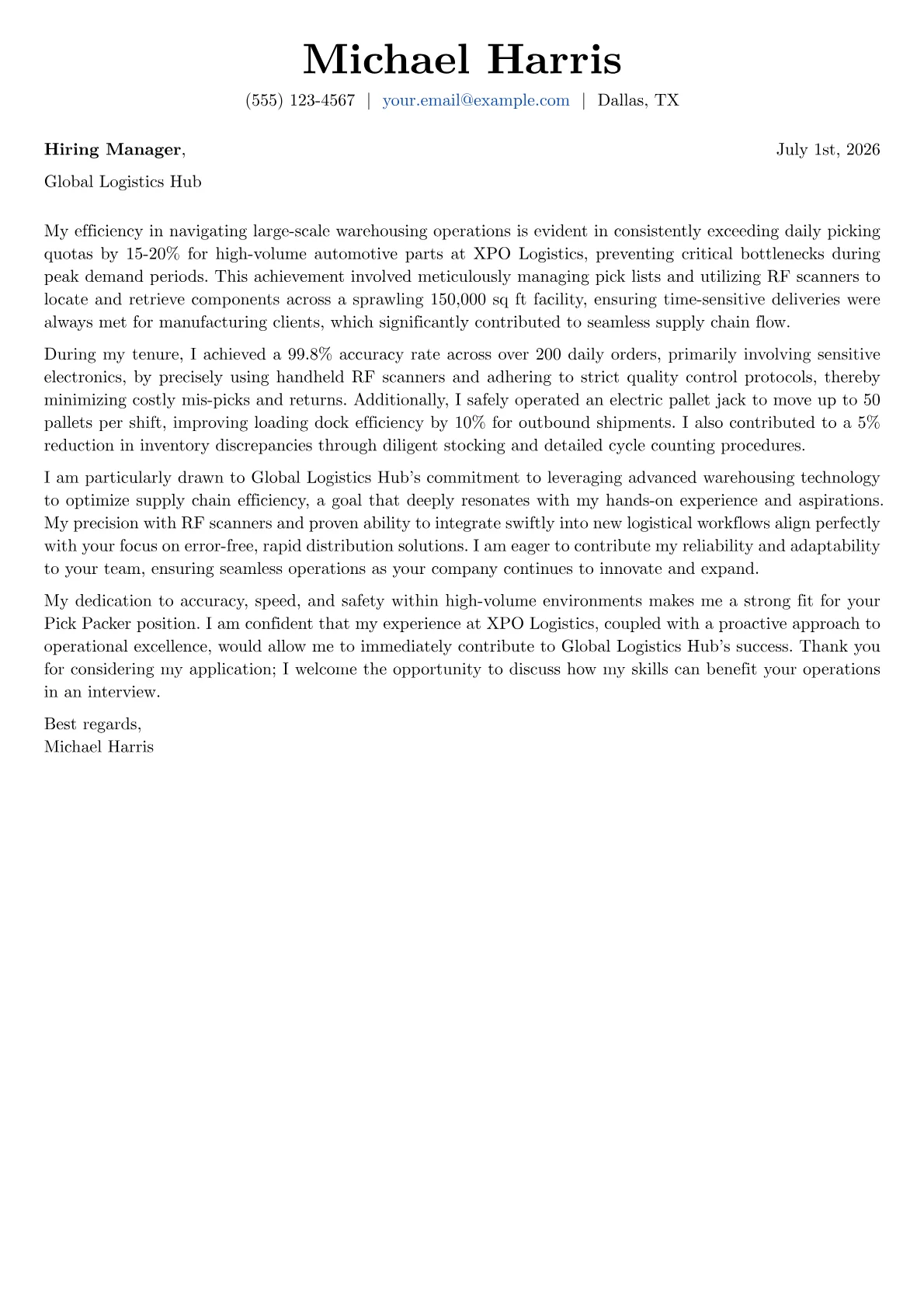 Pick Packer cover letter formatted with a JobSprout template